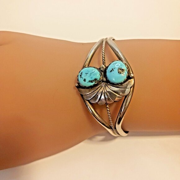 Navajo Native American Turquoise Double Stone Cuff Sterling (1493) - Picture 5 of 6